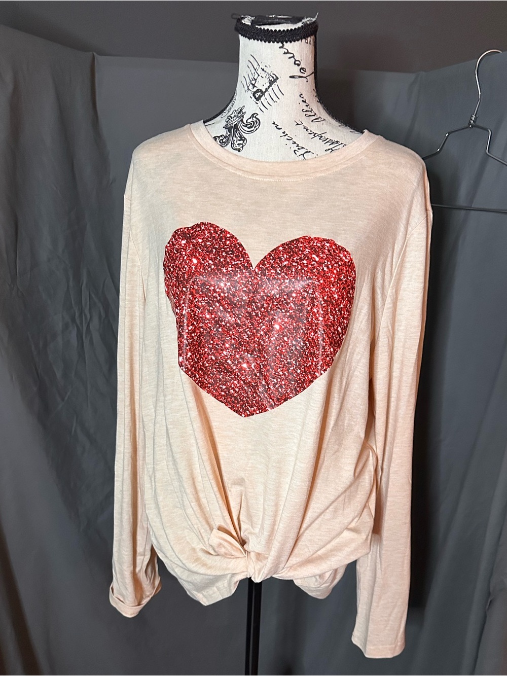 Women's Cream Long-Sleeve Top with Red Sequin Heart